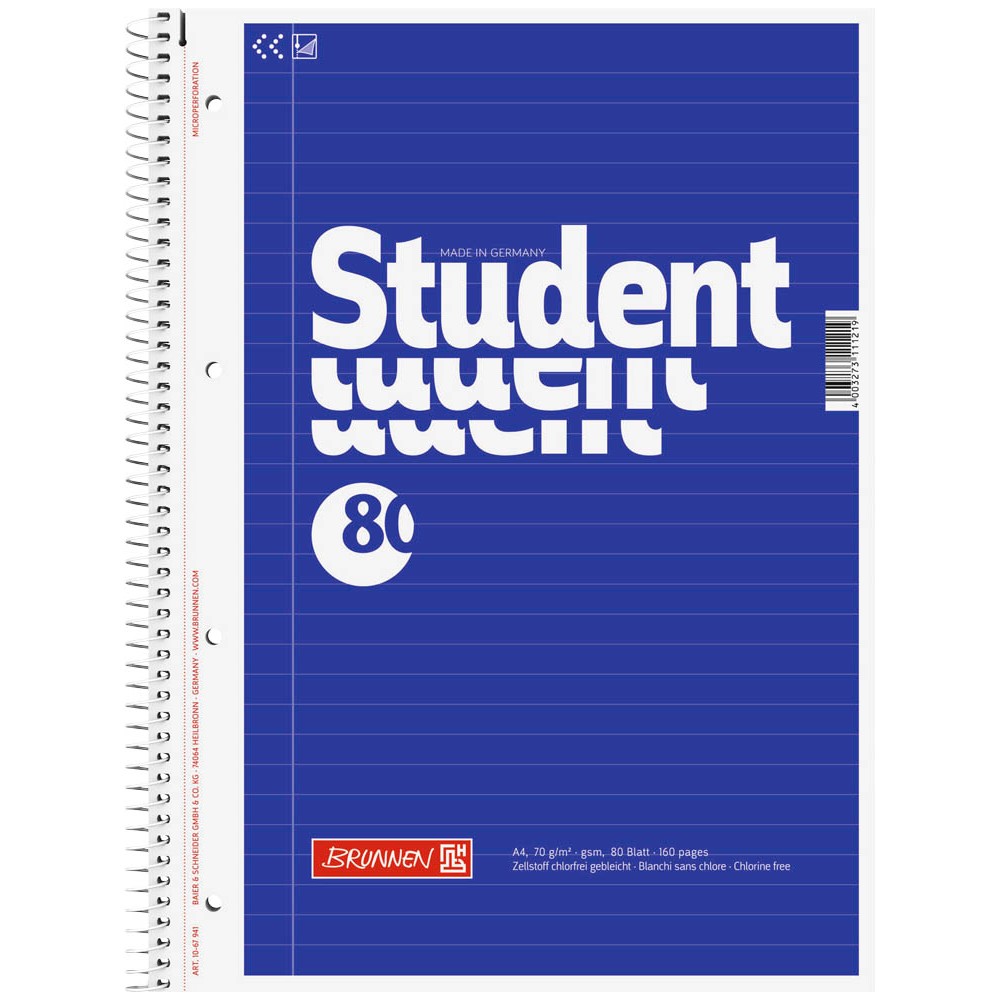 BRUNNEN Collegeblock DIN A4 kariert / liniert 80 Blatt 70gm² - 5 St. ECF/holzfrei Innenrand 4fach-Loch