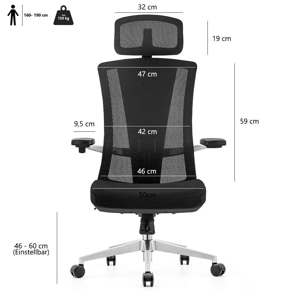 LASER PLUS Ergonomischer Bürostuhl / Schreibtischstuhl ATLAS Schwarz - Sitzhöhe 42 - 53 cm