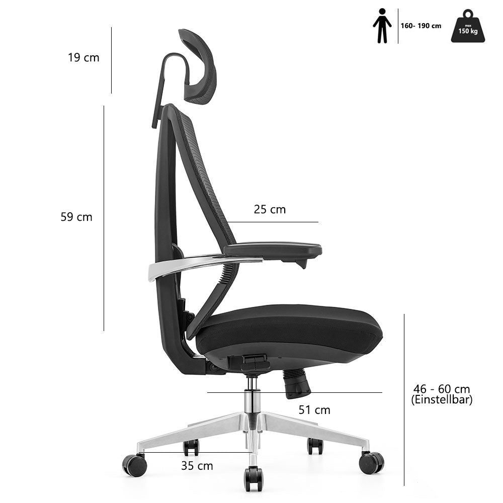 LASER PLUS Ergonomischer Bürostuhl / Schreibtischstuhl ATLAS Schwarz - Sitzhöhe 42 - 53 cm