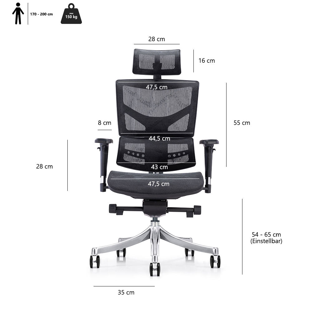 LASER PLUS Ergonomischer Bürostuhl / Schreibtischstuhl KRONOS Schwarz - Sitzhöhe 54 - 65 cm