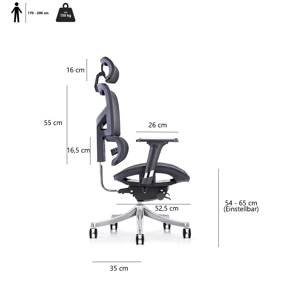 LASER PLUS Ergonomischer Bürostuhl / Schreibtischstuhl KRONOS Schwarz - Sitzhöhe 54 - 65 cm