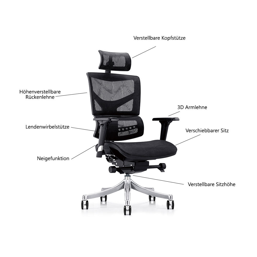 LASER PLUS Ergonomischer Bürostuhl / Schreibtischstuhl KRONOS Schwarz - Sitzhöhe 54 - 65 cm