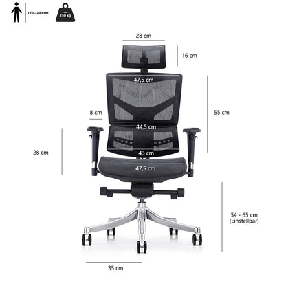 LASER PLUS Ergonomischer Bürostuhl / Schreibtischstuhl KRONOS Schwarz - Sitzhöhe 54 - 65 cm